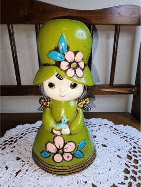 Vintage 1970s Big Eye Girl Coin Bank - Made in Japan - Avocado Green Mod Kitsch